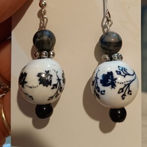 3/$9 Handmade Black and White Floral Ceramic Dangle Earrings
